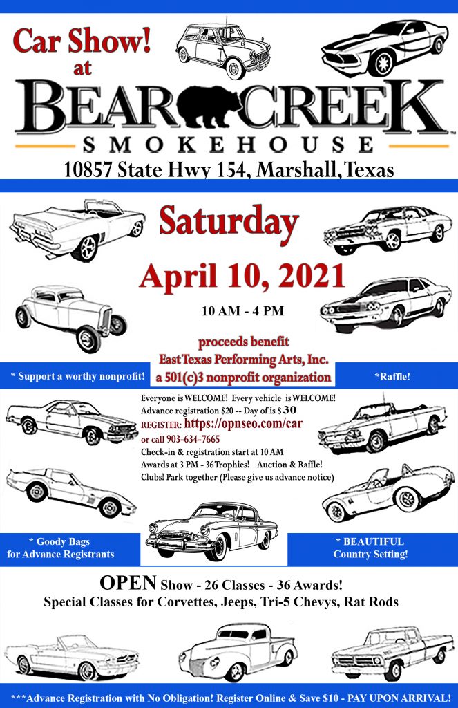 Car show, April 10, 2021 at Bear Creek Smokehouse, Marshall, Texas